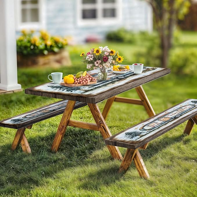 Picnic Table Cover with Bench Covers and Bag, Camping Essentials, Camper Forest Wooden Grain Outdoor Table Covers, Waterproof Windproof, Fitted Tablecloth Cover with Elastic Edge, 3 PCS, 30x96 Inch