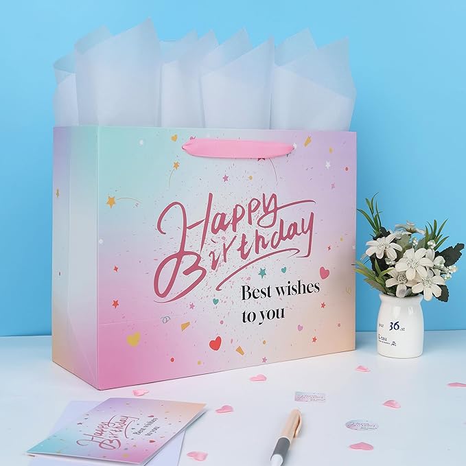 wishinside 13'' Large Pink Birthday Gift Bag Set with Handles, Greeting Card, Tissue Papers and Stickers for Women Girls Kids Teens, Gold Foil Happy Birthday Design, 1 Pcs