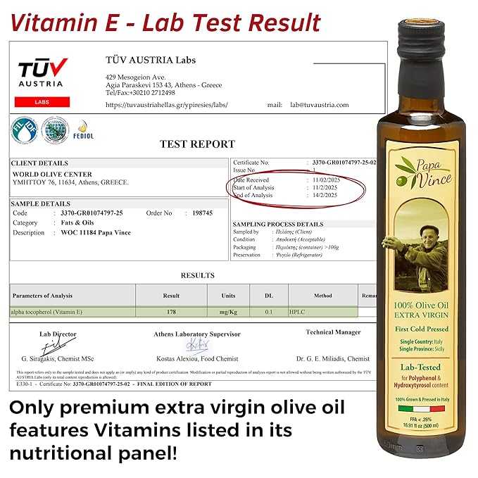 Papa Vince Olive Oil Extra Virgin - First Cold Press Family Harvest 2024/25, Polyphenol Rich, Subtle Peppery Finish, Unrefined