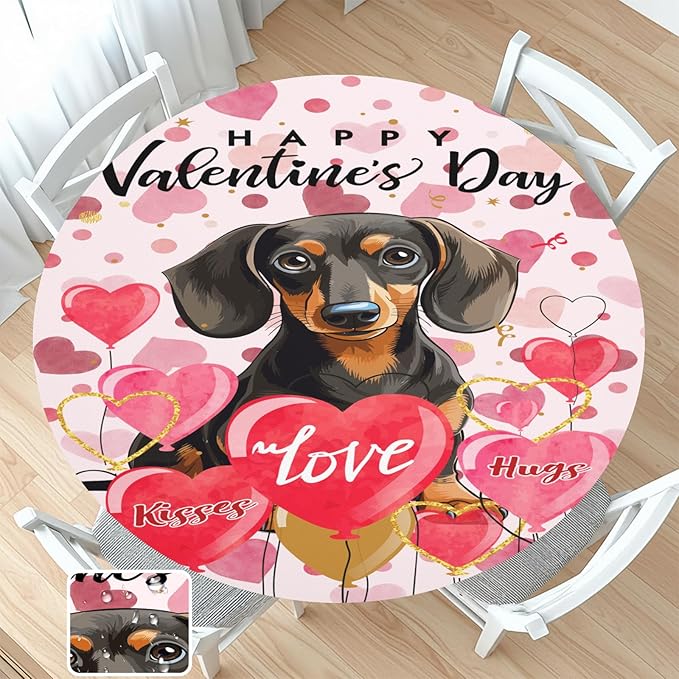 Valentines Day Round Fitted Tablecloth with Elastic Pink Love Heart Dog Circle Table Cloth for 36-40" Tables Wipeable Waterproof Washable Valentine Puppy Table Cover for Picnic Dining Party Decor
