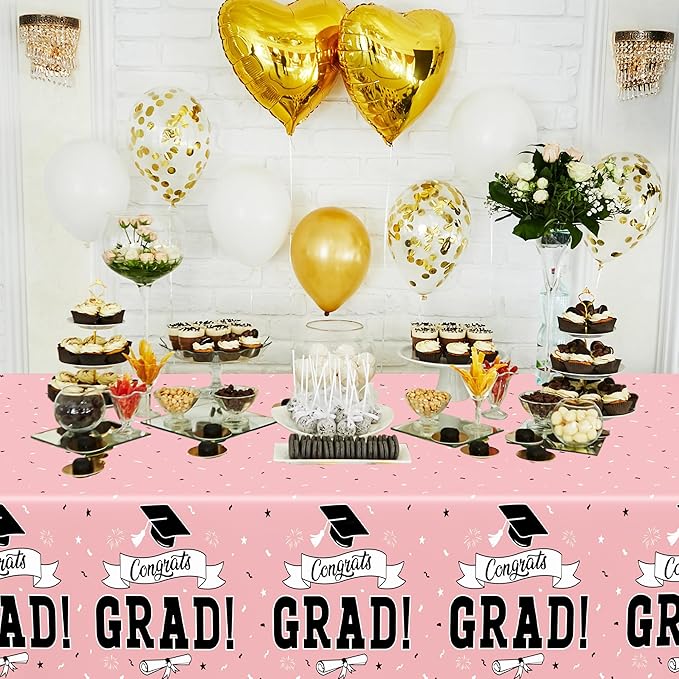 2 PCS Graduation Tablecloth, 108" X 54" Pink Graduation Decorations 2026, Disposable Plastic Tablecover for Class of 2026 Congrats Grad, Rectangle Table Cloths for Grad Decor Party Supplies for Kids