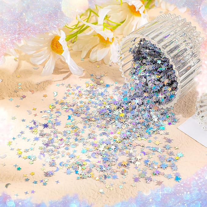 Skylety 60 G/ 2.1 oz Holographic Star Moon Glitter Fairy Confetti Sequin Galaxy Iridescent Metallic Glitter Foil Confetti Sequin Scatter for Valentines Wedding Party DIY(6 mm, 4 mm,Silver)