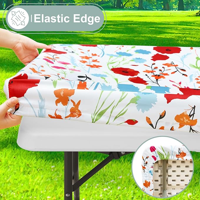 misaya Picnic Table Cover with Bench Cover, Waterproof Elastic Fitted Tablecloth for 8 Foot Tables, Rectangle Washable Polyester Fabric Tablecloths for Picnic, Camping, Outdoor (Flower, 30" x 96")