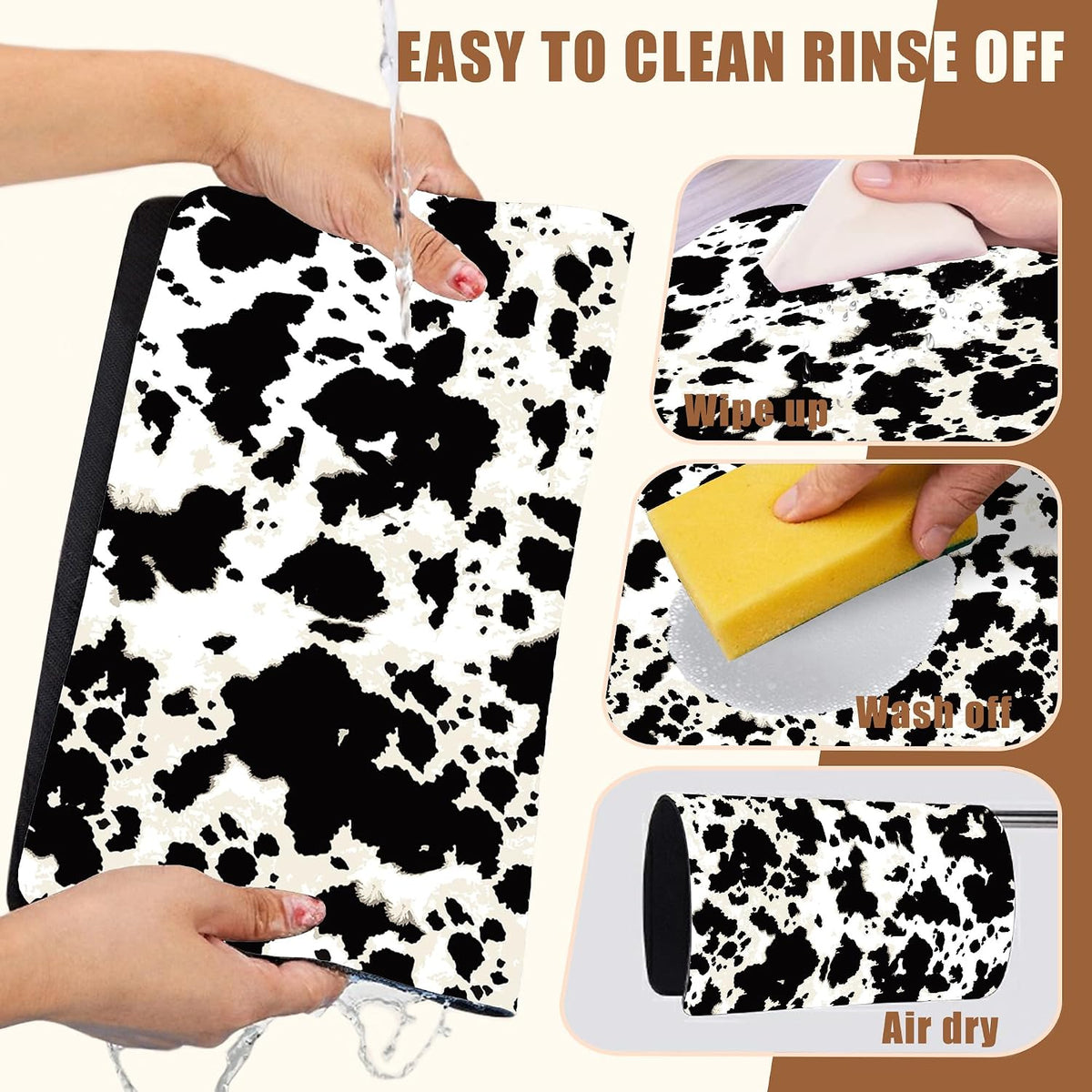 Dish Drying Mat Cow Print Coffee Bar Mat for Countertop Absorbent Hide Stain Rubber Backed Dish Drainer Rack Pad Espresso Machine Dining Room Decoration 11.8 x 19.7 Inch
