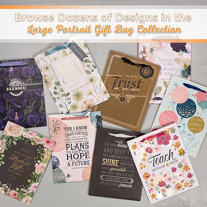 Christian Art Gifts Large Portrait Inspirational Scripture Women's Gift Bag, Tag & Wrapping Tissue Paper Set: Strength & Dignity Bible Verse for Moms, Cute Navy Blue Floral/Gold, Satin Ribbon Handles