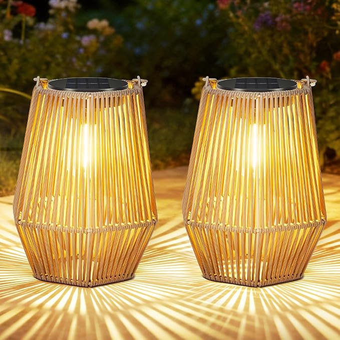 2 Pack Solar Lanterns Outdoor Waterproof, Hanging Rattan Woven Solar Lights with Auto On/Off, Decorative Gifts for Garden, Yard, Patio, Tree, Porch, Lawn, Pathway, Outside Tabletop Decor