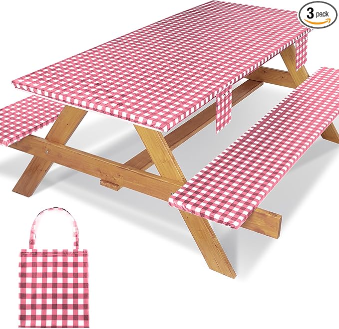 Fitted Picnic Table Cover with Bench Covers Elastic Waterproof Outdoor Camping Tablecloth for 8 Foot Rectangle Tables Camper Summer Accessories Rv Car Essentials Vacation Gifts for Men Women