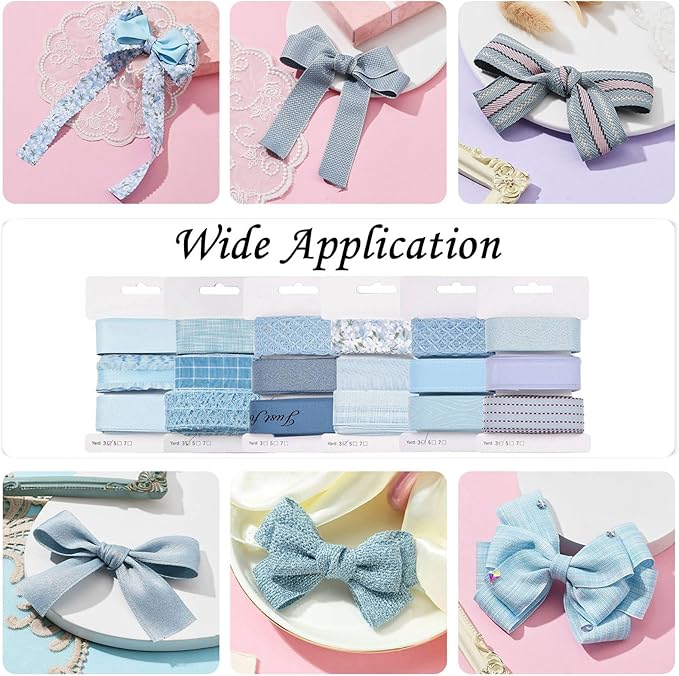 BEEFLYING 3 Styles Light Blue Wire Edged Ribbons for Gift Wrapping Decoration 25~28mm×2.7m Chiffon Ribbons Organza Ribbons for Wedding Party Hair Bows Flower Designs Sewing and Craft, 9 Yards