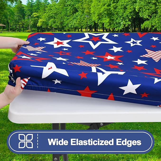 Smiry Picnic Table Cover with Bench Covers, Waterproof Elastic Fitted Tablecloth for 8 Foot Tables, Washable Polyester Tablecloths for Camping and 4th of July (Navy Blue & Red, 30x96 Inch 3-pc Set)
