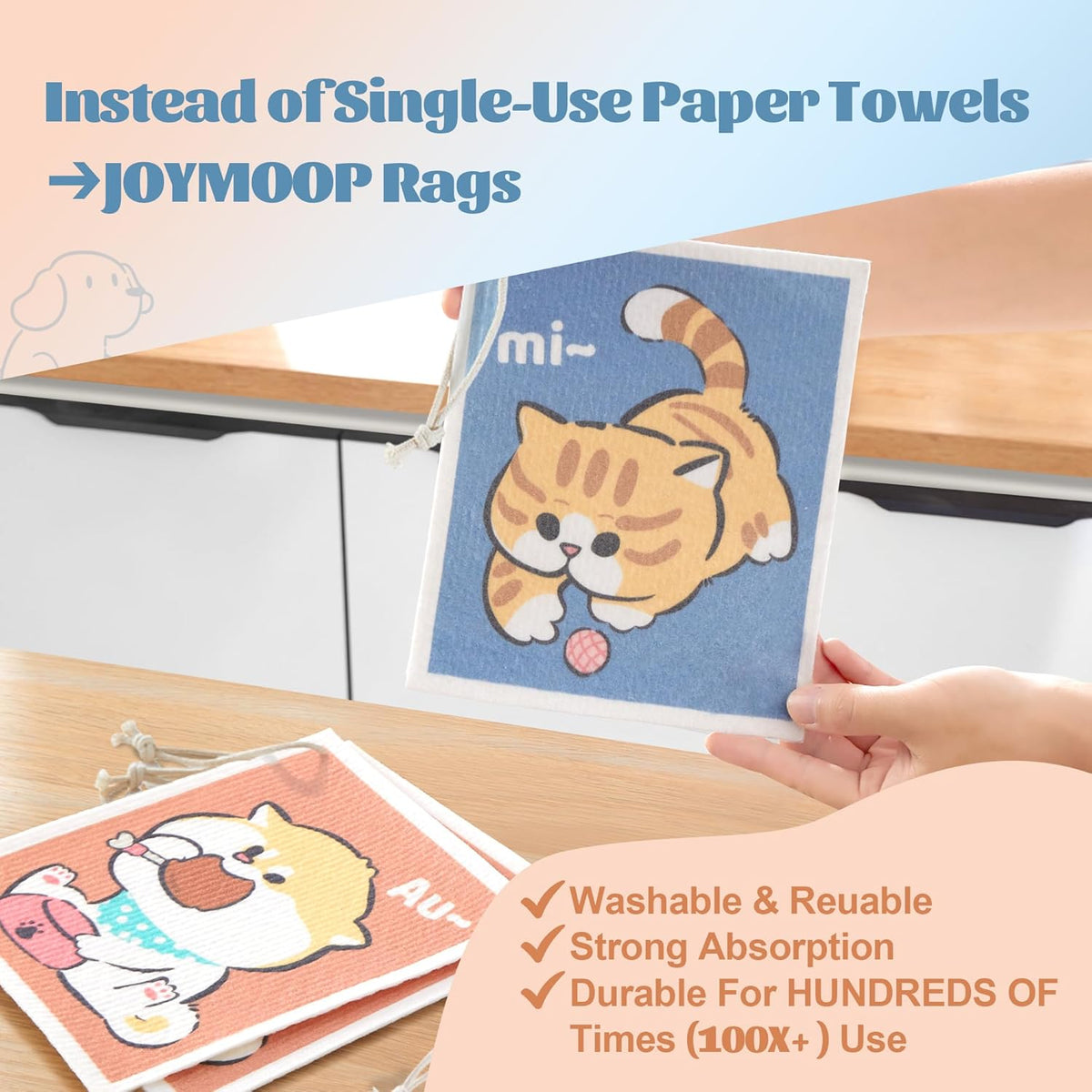 JOYMOOP Cartoon Cellulose Cleaning Cloth, Reusable Absorbent Dish Towels, Non-Scratch Washable Rags for Cookware, Kitchen and Household Cleaning - 12pcs, 6.7×7.9inch