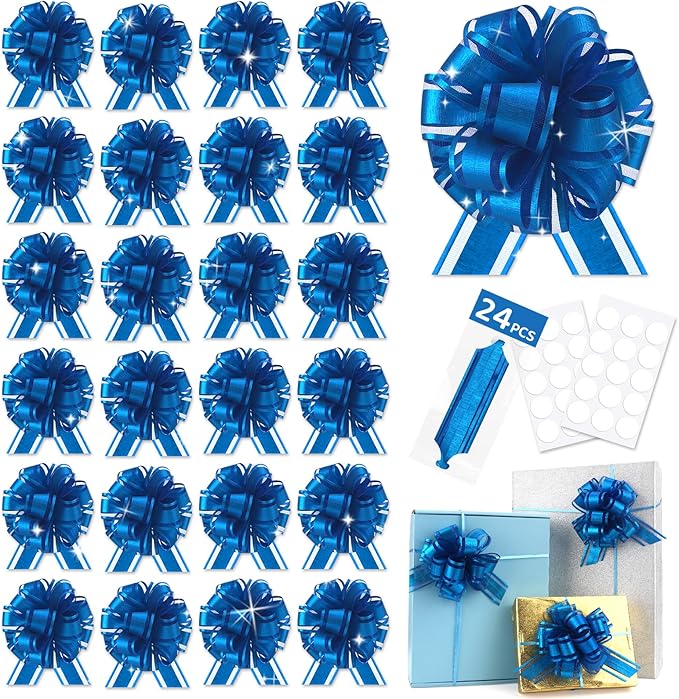 24pcs Royal Blue Pull Bow for Gift Basket Wrapping Xmas Gift Bows Presents Adhesive Wrap Ribbon Bow for Christmas Tree Ornament Wine Bottles Bouquet Flower Valentine's Day Party Decor (Dark Blue-G)