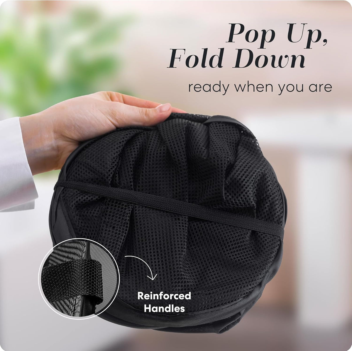Handy Laundry Collapsible Mesh Pop Up Hamper with Wide Opening and Side Pocket - Breathable, Sturdy, Foldable, and Space-Saving Design for Clothes and Storage (Black | 2-Pack)