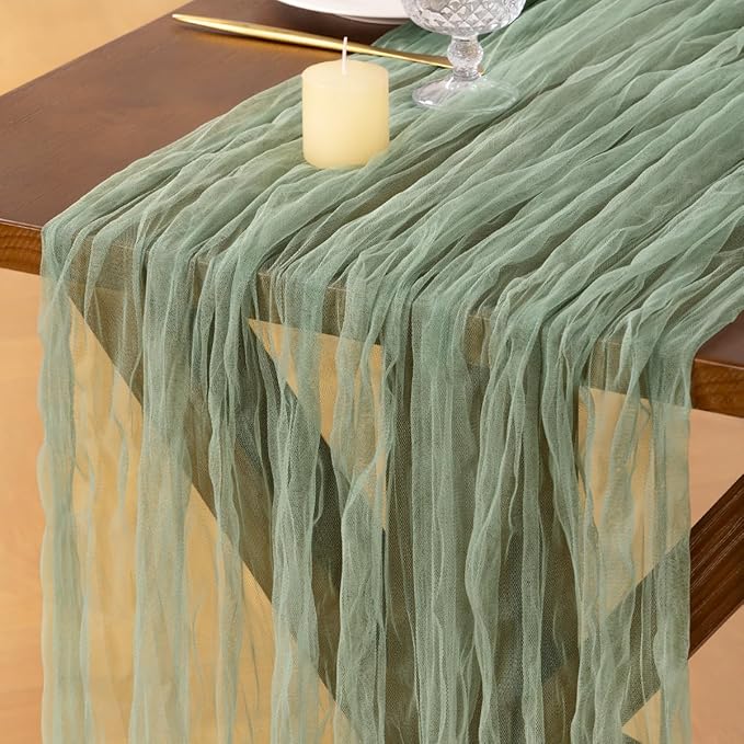 Socomi Sage Green Cheesecloth Table Runner Tulle Gauze Cheese clothBoho Rustic 120 inch 10FT Runner for Wedding Party Baby Shower Birthday Holiday Decorations 1pc