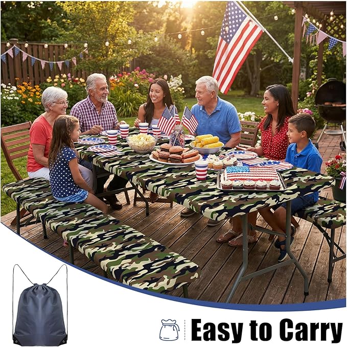 Smiry Picnic Table Cover with Bench Covers, Waterproof Elastic Fitted Tablecloth for 6 Foot Tables, Washable Polyester Camouflage Tablecloths for Camping & Indoor (Olive Drab, 30x72 Inch 3-pc Set)