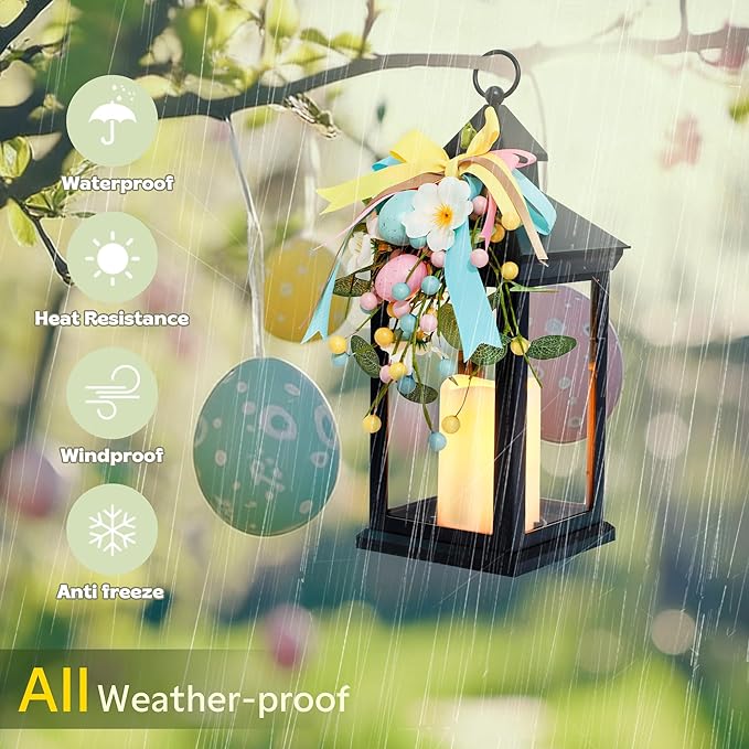 Easter Lanterns Decorative Indoor & Outdoor, 14 Inch Black Candle Lanterns with Timer Waterproof, Hanging Spring and Easter Lantern Decor for Home, Table, Porch, Patio, 2 Pack
