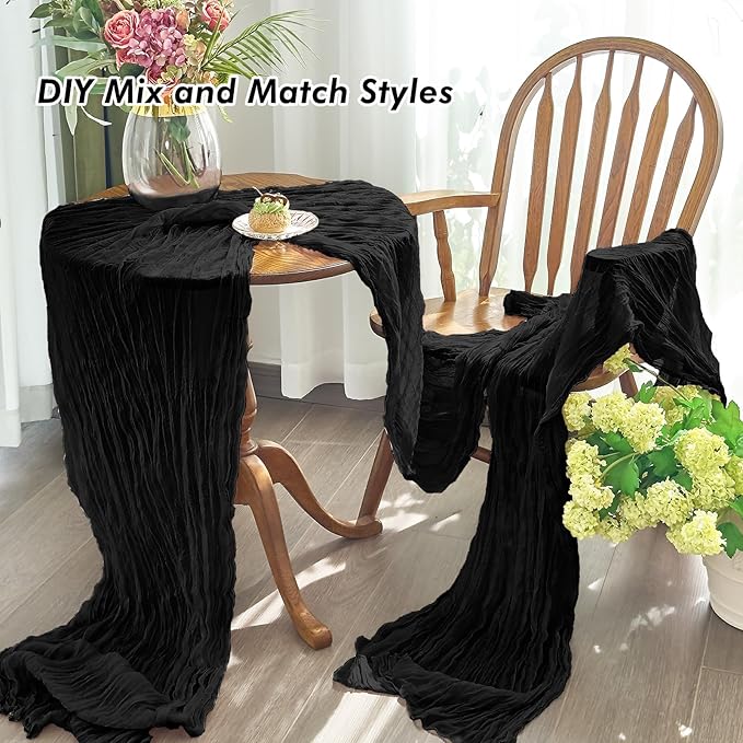 IVAPUPU 2 Pcs Cheesecloth Table Runner - 10ft Black Spring Boho Gauze Black Cheese Cloth Table Runners for Indoor Baby Shower Decorations Wedding Party Garden Decor