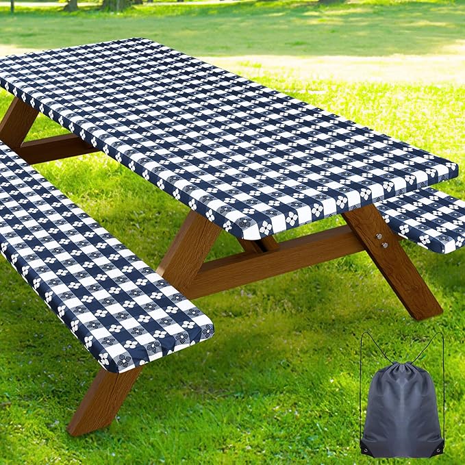Smiry Picnic Table Cover with Bench Covers, Waterproof Elastic Fitted Tablecloth for 8 Foot Tables, Washable Polyester Tablecloths for Camping & Indoor (Dark Blue & White, 30x96 Inch 3-pc Set)