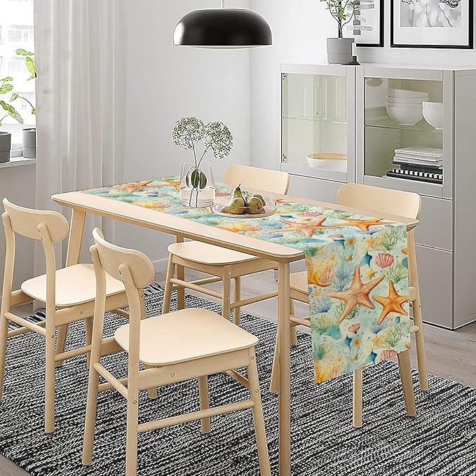 Starfish Conch Shell Table Runners, Season Coastal Marine Life Table Runners for Kitchen Dining Outdoor Home Party 13x108in
