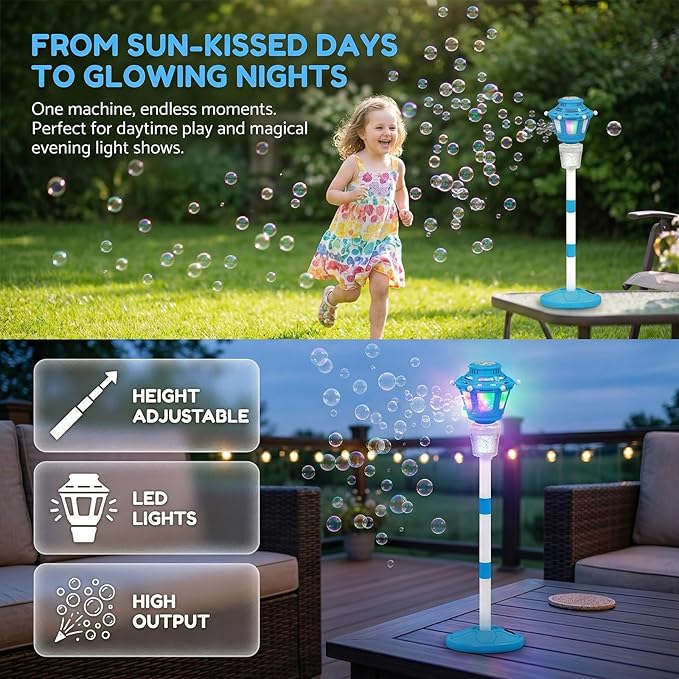 Bubble Machine Maker with Light and Music, Automatic Bubble Blower Summer Bubbles Toys, Rechargeable Automatic Bubble Machine Adjustable Height Outdoor Toy