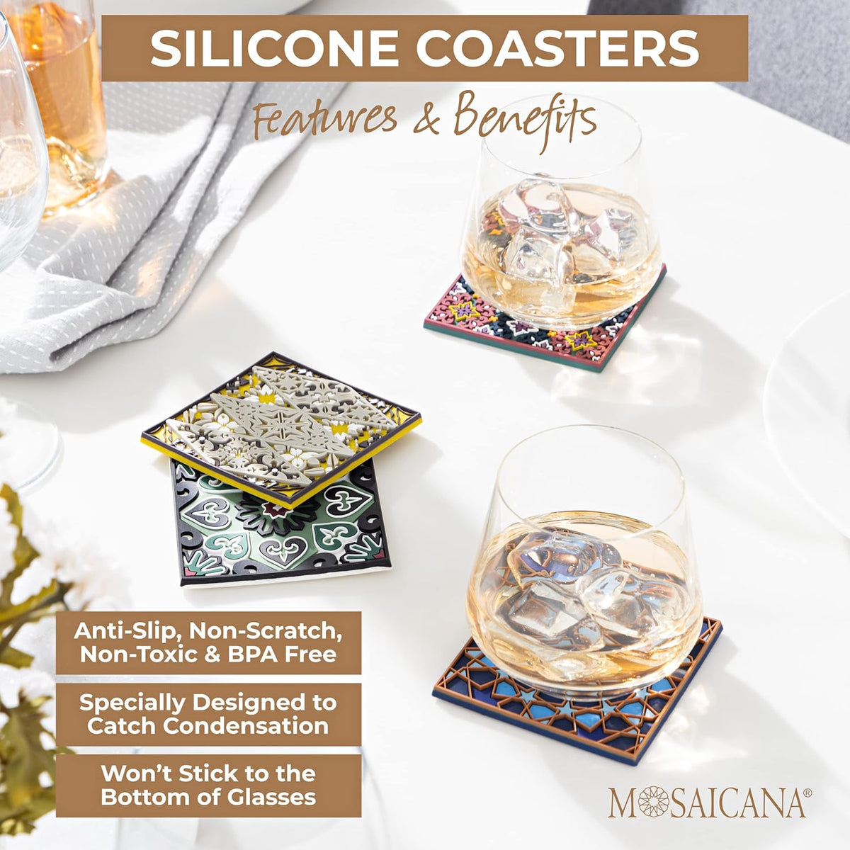 Silicone Coasters Set of 4, Protect Against Water Marks or Damage - Fit All Cups, 3.5" Inch Size, Colored Coasters (Combination 2)