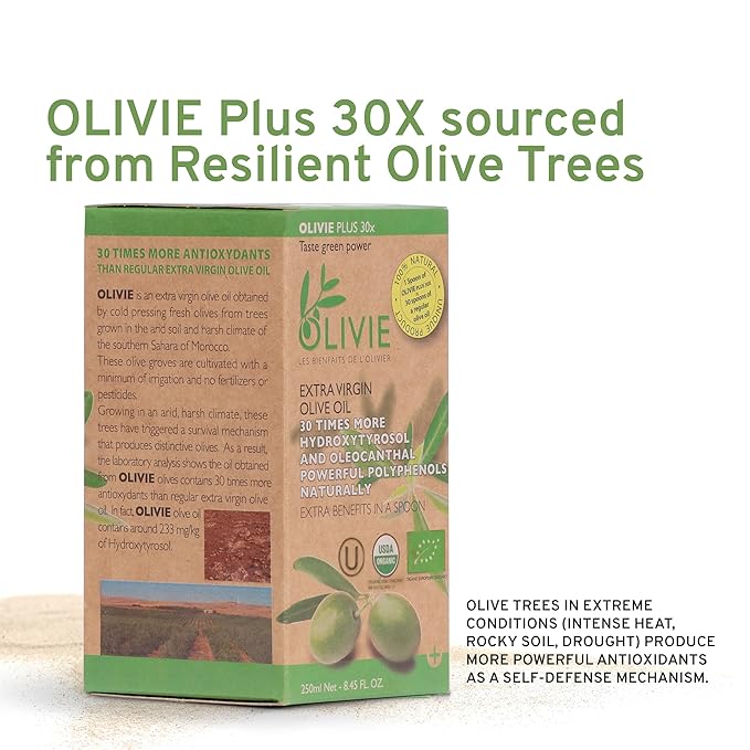 Organic High Polyphenol Rich Extra Virgin Olive Oil Olivie Plus 30X, Moroccan Desert Olive Oil, Evoo, Organic, Kosher, 250 ml Glass Bottle
