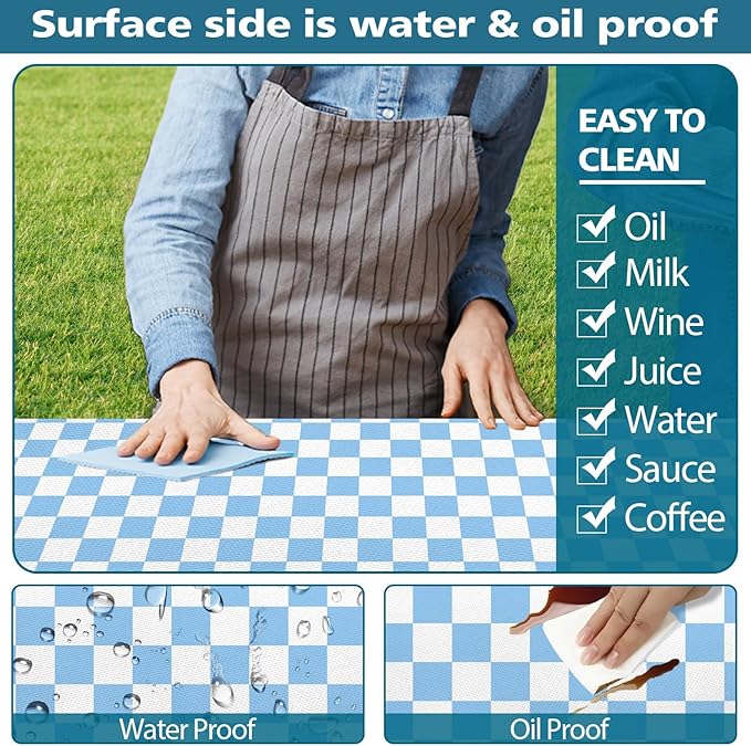 Picnic Table Cover with Bench Covers and Bag, Blue and White Checkered Gingham Buffalo Plaid Camping Tablecloth Waterproof Windproof Elastic Edges Fitted Tablecloths for Outdoor Garden 3PCS 30x96 Inch