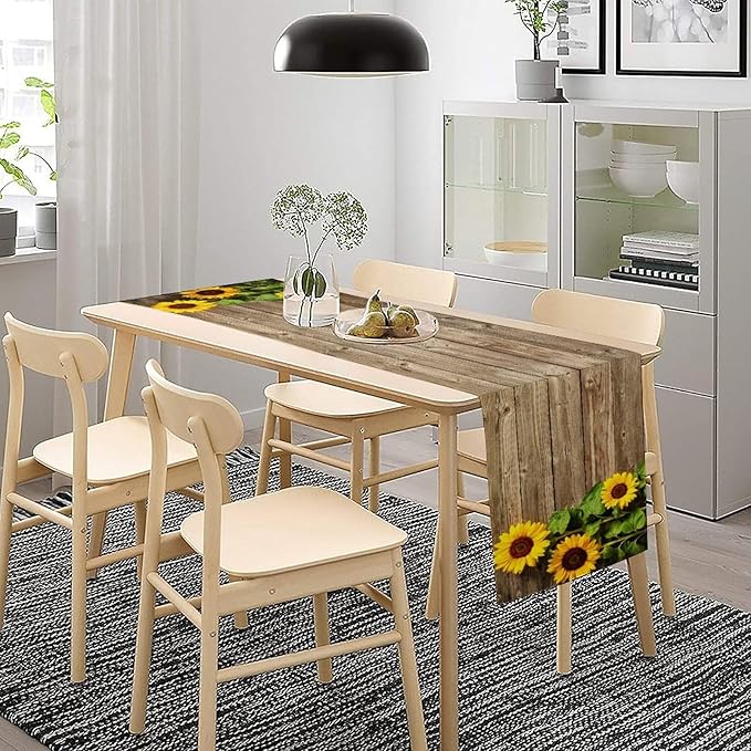 Sunflower Floral Table Runner, Country Farmhouse Vintage Spring Flower Rustic Wooden Plank Kitchen Dining Table Decoration for Indoor Outdoor Home Party Decor, 13x108inch