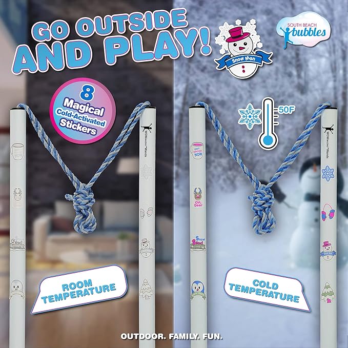 WOWMAZING Giant Bubble Kit Winter – Bubble Wand, 2 Big Bubbles Mix Pouches, 8 Cold-Activated Stickers for Outdoor Winter Fun |Bubbles Made in USA