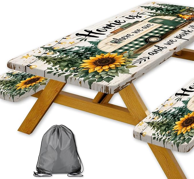 Picnic Table Cover with Bench Covers Camping Essentials Green Checkered RV Forest Sunflower Wooden Outdoor Table Covers with Elastic Waterproof Camping Tablecloth for Indoor & Outdoor 3 PCS 30x96 Inch