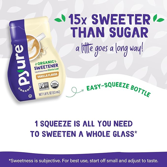 Pyure Organic Vanilla Stevia Liquid Sweetener, Sugar-Free Stevia Drops, Keto Sugar Substitute, Zero Calorie, Zero Carb, Zero Sugar