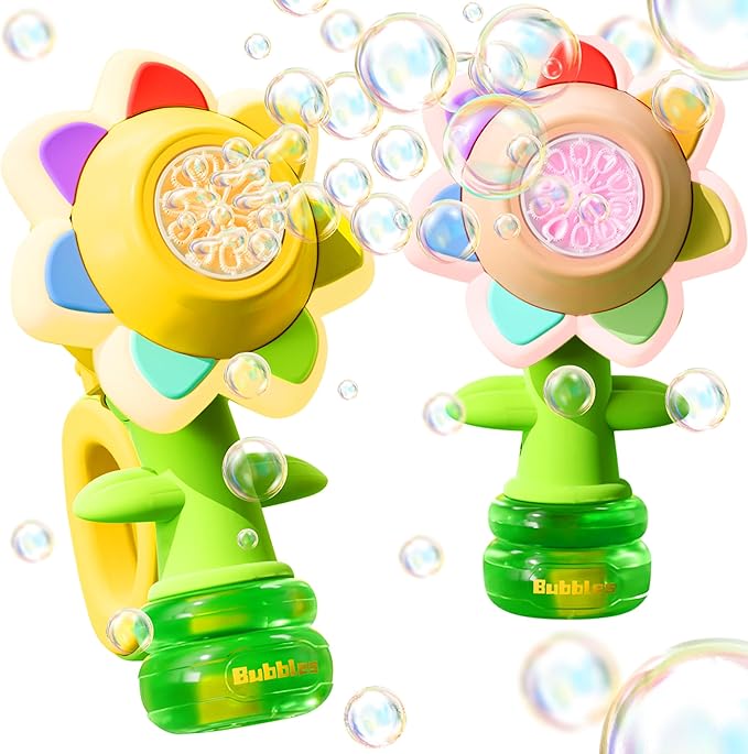 2 Pack Rechargeable Flower Bubble Guns for Kids W/LED Lights & 10 Refill Solutions, Fun Swing Dance Bubble Maker Machine Blower Blaster Toys,Outdoor Summer Play, Easter, Birthday Party Favors & Gifts