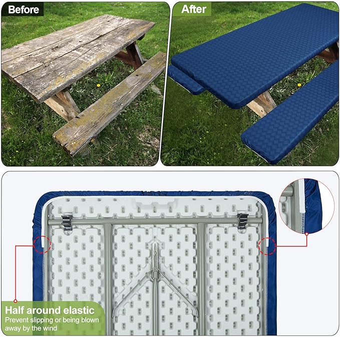 Picnic Table Cover with Bench Covers Camping Essentials Waterproof Windproof Camping Tablecloth with Drawstring Bag, Fitted Rectangle Tables and Seats, 60in, Deep Blue