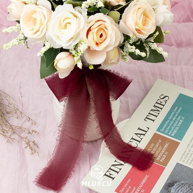 Burgundy Chiffon Ribbon - 1-1/2 Inch x 21 Yards Handmade Fringe Silk Ribbon for Boho Wedding, Gift Wrapping & Flower Bouquets