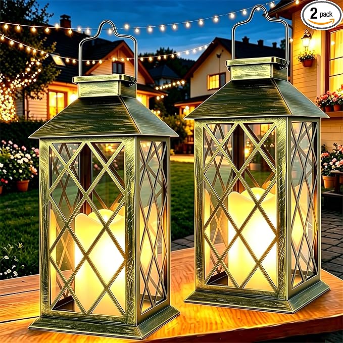 2 Pack 14" Large Tempered Glass Solar Lanterns Outdoor Waterproof, Hanging Solar Lights with Flickering Flameless Candles, Solar Lantern for Wall Porch Patio Table Garden Decoration-Bronze