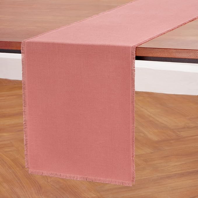 Solino Home Linen Dusty Rose Table Runner 90 Inches Long - Fringe, 100% Pure Linen Dining Table Runner 14 x 90 Inch for Valentines, Spring, Easter
