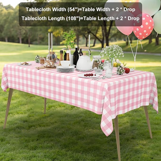 Smiry 6 Pack Pink Gingham Disposable Tablecloths - 54" x 108" Heavy Duty Plastic Table Cloth, Waterproof Buffalo Plaid Table Covers for Picnic, Banquets, Outdoor Parties