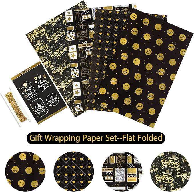 Larcenciel Birthday Wrapping Paper, Gift Wrapping Paper set, Black Gold Design w/Jute Twine and Gift tag, Gift Wraps for Birthday, Valentines, Christmas, Graduation, Baby Shower,4 Sheets 27.5x19.6inch