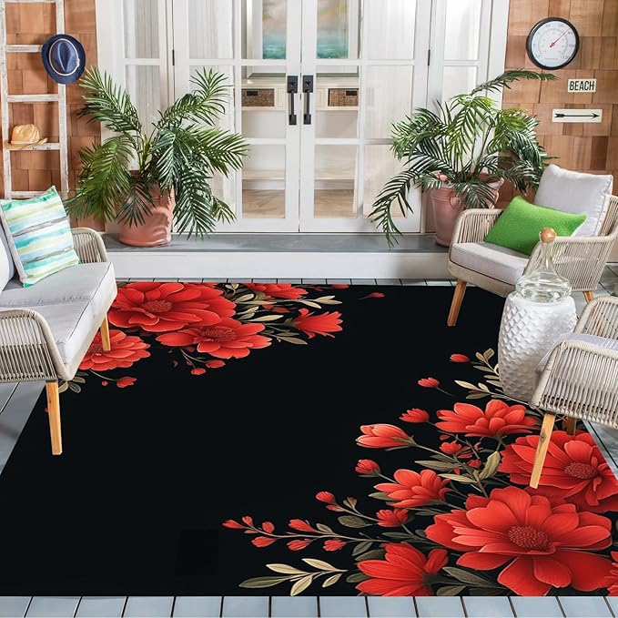 Botanical Floral Pattern 4x6 Outdoor Rug for Patio Deck Camping Balcony Porch Garden Backyard Flower Print Large Carpet Black Red Soft Waterproof Non Slip Outside Mat