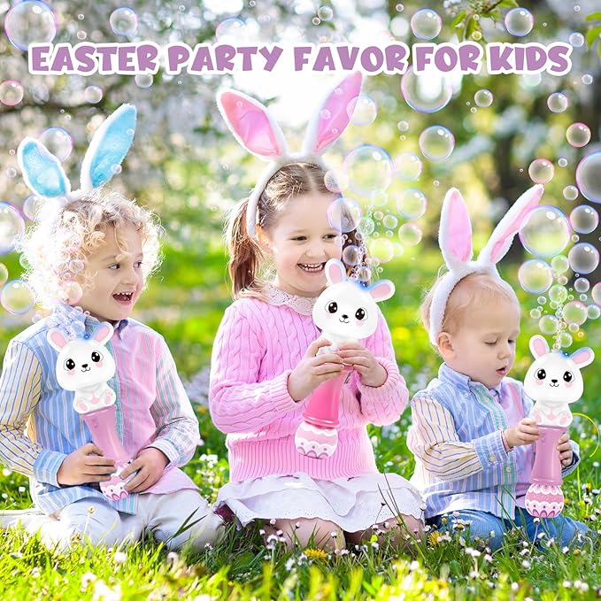 Shemira 2 Pack Bubble Wands for Kids, 11.2 inches Automatic Bubble Blower with Light, Bubbles Maker Toys with 4 Solution Sticker, Bunny Bubbles Wand for Girls, Summer Outdoor Indoor Activity