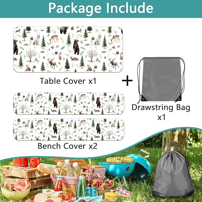 Picnic Table Cover with Bench Covers, Camping Essentials, Funny Rustic Woodland Animals Dear Beer Fox Table Cover Waterproof Fitted Tablecloth Cover with Elastic Edge for Outdoor 3 PCS 30x60 Inch
