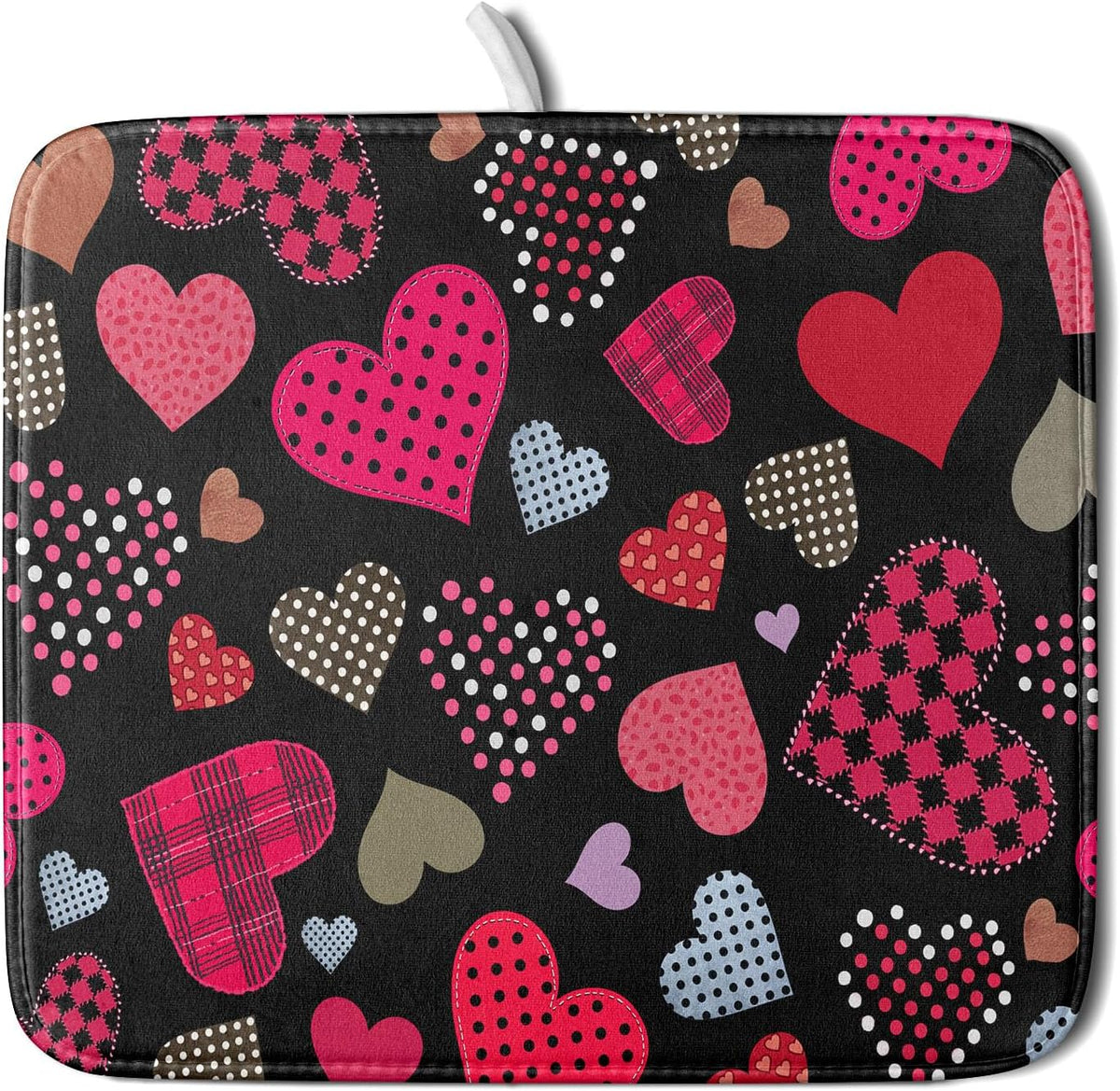 Happy Valentine's Day Black Dish Drying Mat for Kitchen Counter,Pink Love Heart Drying Mat 16 x 18 Inch with High Absorbent Microfiber Drainer Mat