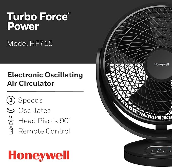 Honeywell Turbo Force Small Fan. Powerful floor fan for Home, Bedroom, or Office with Remote Electronic LED Controls, 3 Speeds and 90 Degree Pivot. Black, HF715
