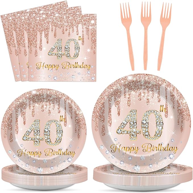 96PCS Rose Gold 40th Birthday Party Paper Plates and Napkins Forty Years Old Table Decorations 40th Birthday Disposable Dessert Tableware Set Serves 24 Guests Girl Ladies Women Party Supplies Favors