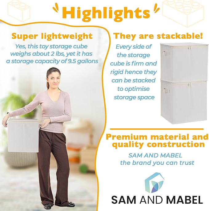 SAM AND MABEL Toy Storage Organizer with Play Mat for Kids – 13" x 13" x 13" Stackable and Foldable Cubby Box Nursery Organizers, Storage Bins with Lid for Playroom (Cream Bamboo)
