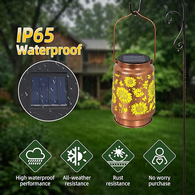 Solar Lantern Outdoor Waterproof, Gifts for Women Mom Grandma, Hanging Metal Light Sunflower Garden Decor for Yard Patio Lawn