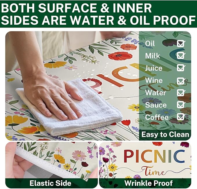 Picnic Table Cover with Bench Covers Elastic Edges, Wildflower Boho Camper Fitted Table Cover, Outdoor Camping Essentials 72 Inch 3PCS, Waterproof Camping Fitted Tablecloth with Drawstring Bag