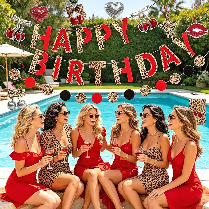 SUNBEAUTY Cheetah Birthday Party Decorations Cherry Cheetah Print Banner Leopard Hanging Swirls with Red and Black Cheetah Party Garland Foil Swirls Ceiling Safari Animal Birthday Party Decorations for Women Girls