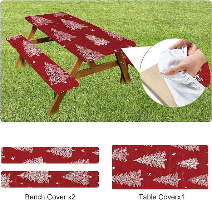 ANNA QUEEN 6FT Red Christmas Tree Picnic Table Cover Set 3PCS 72"x30", Waterproof Outdoor Bench and Tablecloth Furniture Protection for Camping Beach BBQ Patio Backyard