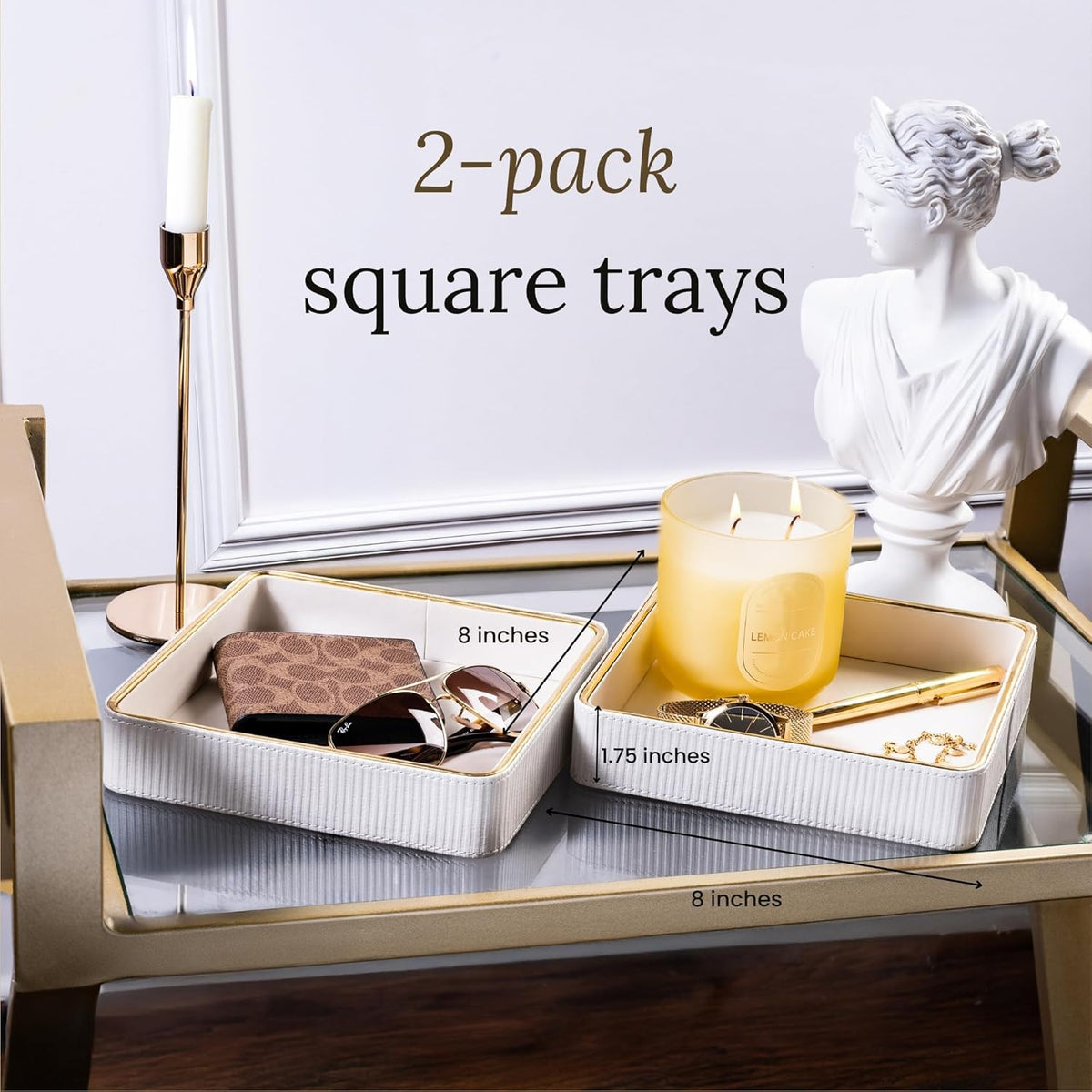 2 Pack White Catch All Trays for Jewelry, Small Leather Valet Tray, Key Bowl for Entryway Table EDC Trinket Tray Catch All