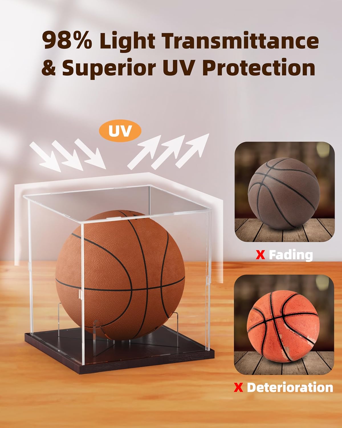 Basketball Display Case Acrylic Clear, UV Protected Basketball Stand Box Full Size with Solid Wood Base